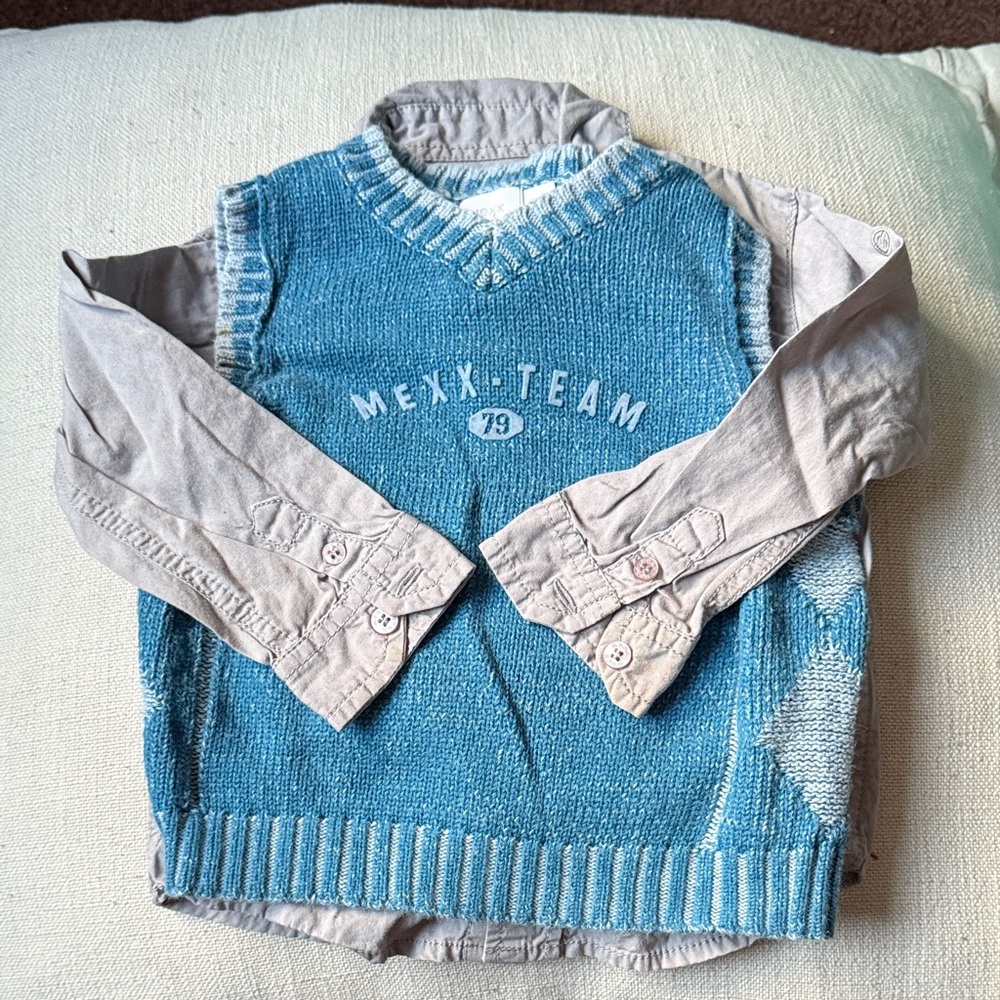 Mexx Kids V-Neck sleeveless blue knit and gray button down shirt Set